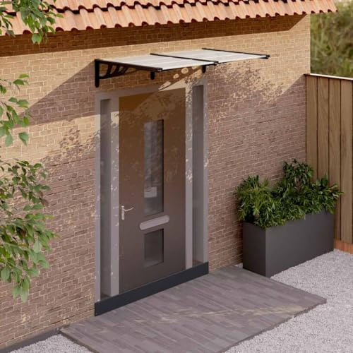 Auvent de Porte Extérieur, Marquise de Porte en Polycarbonate Transparent et Noir, Cadre Aluminium Résistant, Store Extérieur Terrasse, Protection Contre Pluie/Neige, Dimensions 152.5 x 90 x 27.5 cm