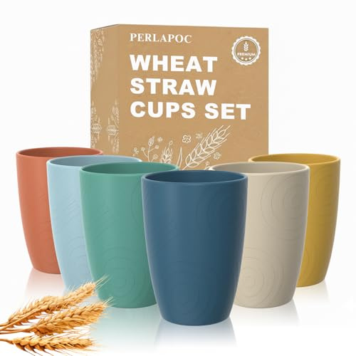 Perlapoc Wheat Straw Cups, Plastic Cups Unbreakable Drinking Cups Set of 6, Reusable Plastic Cup 12 OZ, Dishwasher Safe Tumblers & Water Glasses, Multi