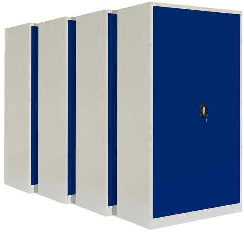 4-Pack LagerZwei Mehrzweckschrank 195x100x50cm I Großer Metallschrank, 4 Fachböden I Aktenschrank, abschließbar I Robuster Allzweckschrank als Werkstattschrank & Büroschrank I Stahlschrank weiß-blau