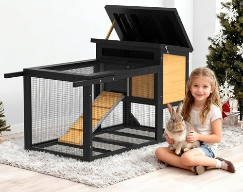 TIMHAKA 2-Story Bunny Hutch with Wheels and Chew-Proof Ramp, Yellow | Indoor Outdoor Bunny Cage w/ Leak-Proof Trays and Openable Waterproof Roof for Rabbits, Guinea Pig, Small Animal