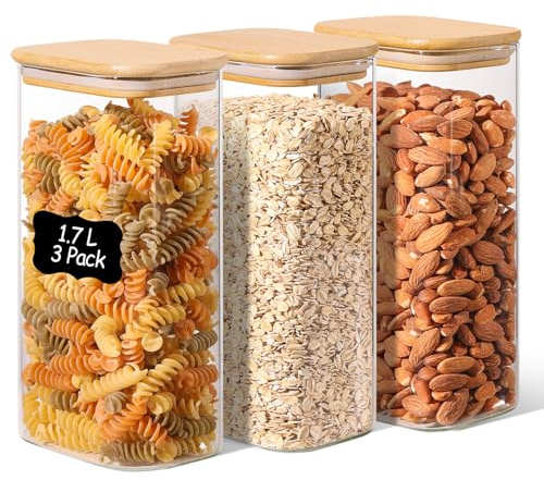 ComSaf Tarros de Cristal con Tapa, Frascos de Vidrio con Tapa, 1700 ml, Set de 3 Piezas, Adecuado para Avena Instantánea, Bolsitas de Té Verde, Hinojo en Grano