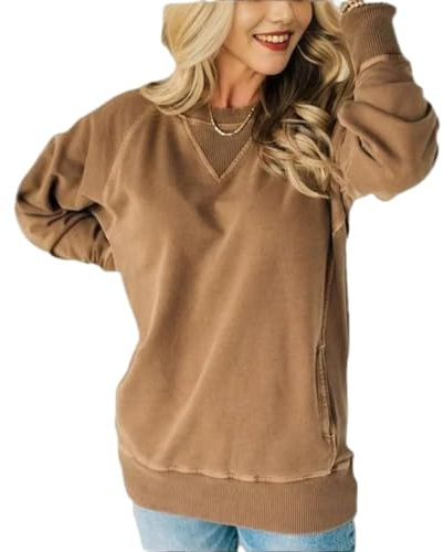Dam ribbad accent ficktröja, kvinnors höst fladdermusärm ribbad pullover kvinnor överdimensionerade tröjor, Brun, M