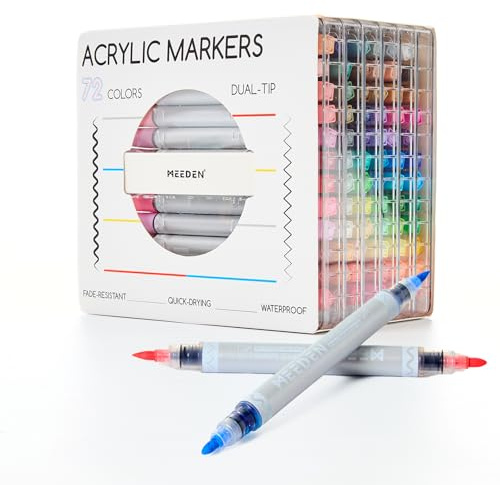 MEEDEN Rotuladores acrílicos de 72 colores: punta fina y punta de pincel. Marcador acrílico con control automático del color para suministros artísticos. Rotulador de doble punta de secado rápido para