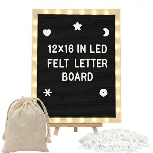 wearage 12x16 Inch Changeable Felt Letter Board with LED Lights, Message Custom Felt Letter Board with Wooden Stand and 300 Letters for Pregnancy Announcement Classroom Decor Poster (Black)