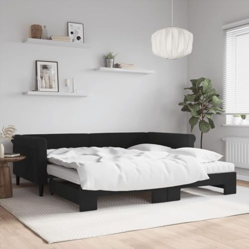 Ordellia Utdragbar dagsäng, med madrasser, svart 100 x 200 cm, sammetstoppning, 2-i-1-bäddsoffa för gästrum, robust sängram, modern designmöbler