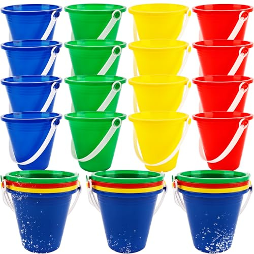 28 Pack Beach Bucket and Shovel Set 5 Inch Colorful Plastic Buckets Pail Bulk for Summer Seaside Beach Pool Party, 4 Colors
