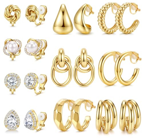 10 Paires Boucles d'Oreilles à Clip pour Femme Sans Perçage Clips Oreilles Non Percées Or Argent Boucles d'Oreilles Hypoallergéniques avec Perles Zircone et Créoles Faux Piercing Oreille pour Femme