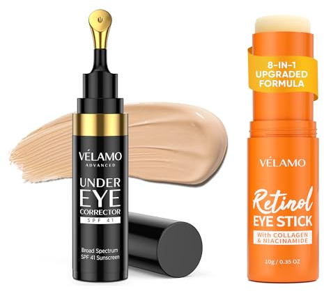 VELAMO ADVANCED Luminous Eye Corrector SPF 41(Shade: Medium) & Upgraded Retinol Under Eye Balm with Collagen Duo: for Dark Circles, Fine Lines & Puffiness - Hydrating Anti Aging Under Eye Cream