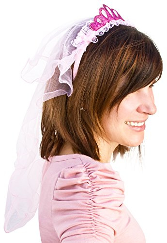 Oblique Unique® Haarreifen mit Brautschleier und Glitzer Krone Junggesellinnenabschied JGA Hen Party Hochzeit Schleier Pink Rosa