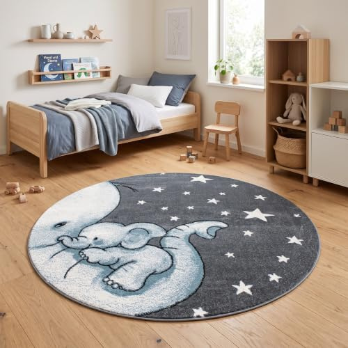 HomebyHome Runder Kinderteppich Elefantenmotiv Ø160 cm Großer Teppich in Blau Kuschelig, Allergikerfreundlich & Kindlich