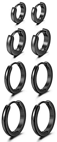 JewelryWe Schmuck 4 Paar Schmale CREOLEN, 7mm-14mm Edelstahl Glatte Ohrringe Huggie Ohr ManschetteOhrstecker mit Klapp-Verschluss für Herren Damen, Schwarz/Gold/Silber