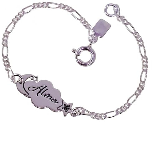Minoplata Pulsera esclava Infantil Nube Personalizada de Plata de Ley 925 Podemos Grabar el Nombre Que tú desees, niña pequeña 2 ó 3 años y para bebés
