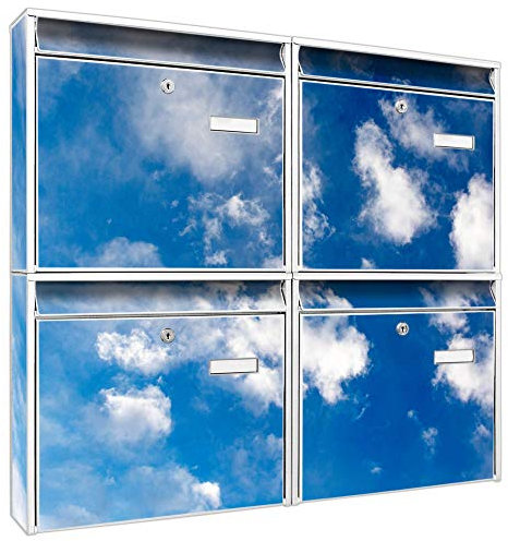 banjado Briefkastenanlage 4 Fach - Postkästen groß - verzinkter Stahl weiß DIN A4 Motiv Wolken 2 - Briefkasten Set 4 Briefkästen Namensschild, 2 Schlüssel, Montagematerial