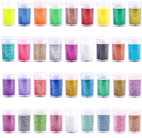 Bastel Glitzerpulver, 36 Farben Extra Feiner Glitzer für Epoxidharz, Schillerndes Glitzerpuder für Kunsthandwerk, Nagelkunst, Körper, Make-up, Becher, Farbe, Schleim, Ornamente, Karten
