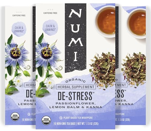 Numi Organic De Stress Herbal Tea – 48 Herbal Tea Bags – Caffeine Free Blend with Spearmint Passionflower Lemon Verbena Lemon Balm Hibiscus & Licorice for Relaxation & Calm