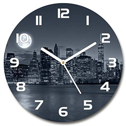 Tulup Glasuhr ⌀ 60cm - weißen Zeigern - Wanduhr Wandkunst Bild Gehärtetem Glas Uhr Echtglas Küche Wohnzimmer - New York bei Nacht