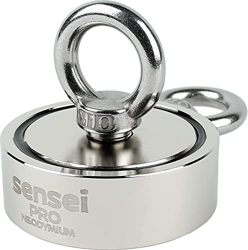 SENSEI Magnet 250 kg, Doppelseitiger Neodym-Magnet N52 mit 2 Ösen oben und seitlich, Ø7,5 x H2,5 cm