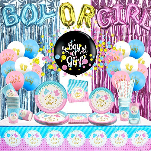 Decorazioni per rivelare il genere, tra cui striscione, piatti, tovaglie, palloncini, tovaglioli, tazze, cannuccia, Rosa Blu Tenda, stoviglie per Baby Shower feste di genere servono 25 ospiti