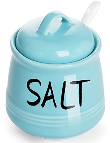 HAOTOP 12 oz Salt Bowls with Lid and Spoon (Turquoise) | Ceramic, lid, spoon, 12oz, salt cellar, countertop, farmhouse decor