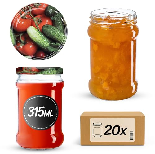KADAX Små konserveringsburkar 315 ml, fi66, Förvaringsburkar Glas för Honung, Syltburkar med Lock, Lufttäta Glas, Konserveringsglas, Runda Glas, Syltburkar, Honungsglas (20 stycken, Grönsaker)
