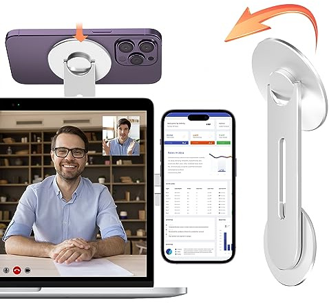 imluckies Magnetische Laptop Handyhalterung, 180° Verstellbare Handy Ständer Kompatibel mit Magsafe iPhone 16 15 14 13 12 Serie & mit Apple TV für MacBook iOS 16 macOS 13 Ventura & iOS 17, Silber