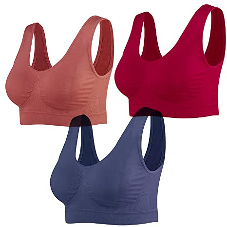 Lemef Sömlös sport-bh för kvinnor, bygelfri yoga-bh med uttagbara inlägg, 3-pack, XL