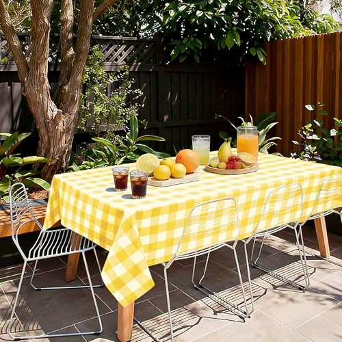 Hiasan Gingham fläckbeständig rektangulär bordsduk, vattentät trädgårdsduk, för matsal, trädgård, fest, picknick, födelsedag, bröllop eller hem, 140 x 280 cm, gul och vit