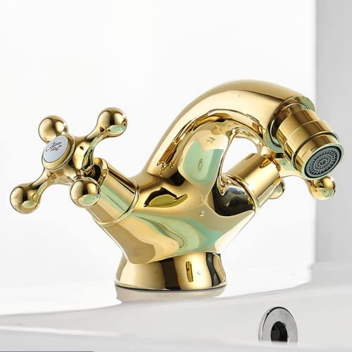 Rubinetto per bidet cromato con due maniglie girevoli in ceramica per lavabo da bagno in ottone monoforo montato su ponte (oro)