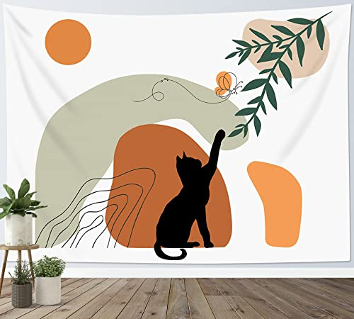 LB Tapisserie Murale Milieu du siècle moderne Tenture Murale Chat noir Papillon Couverture Murales Boho Abstrait Feuille palmier Tapisseries Decoration pour Maison Salon Chambre Dortoir,200x150cm