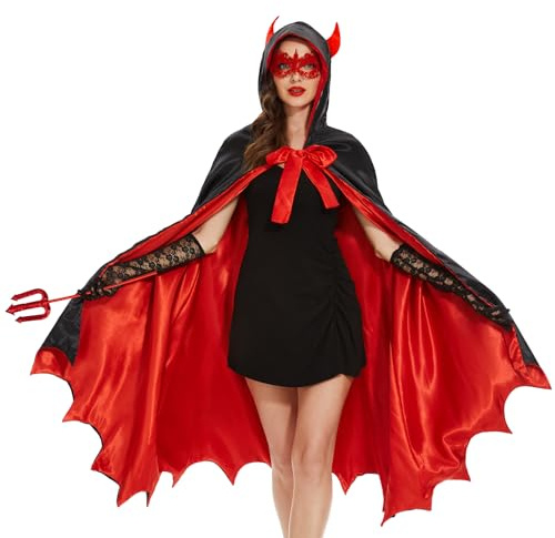 Ulikey Teufel Kostüm Damen, Halloween Kostüm Damen Vampir Umhang, Kapuzenumhang Schwarz Rot Doppelseitig mit Teufelsgabel, Spitzenaugenklappe, Spitzenhandschuhen