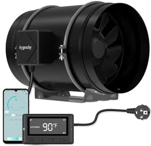 Aygrochy Rohrventilator 200mm, EC-Motor 70W 935m³/h, 2800 U/min Abluftventilator mit Temperatur- und Feuchtigkeitsregler, Rohrlüfter für Wachstumszelte, Luftabsaugung und Rauchabzug, mit WiFi App