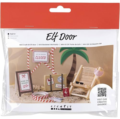 creativ company Mini Bastelset Wichteltür Im Urlaub 5-teiliges Bastelset aus Papier Pappe Holz für Winter Deko DIY Projekt