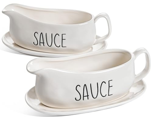 LE TAUCI Gravy Boat with Saucer Stand 16oz, Ceramic Sauce Boat with Tray for Salad Dressings, Creamer, Broth, Black Pepper- Set of 2, Oyster White