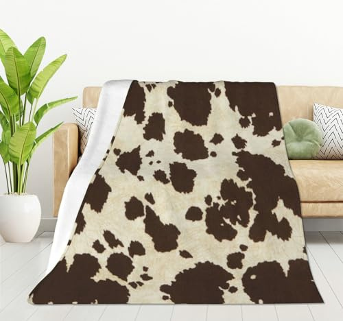 HGOD DESIGNS Fleece-Überwurf, braunes und weißes Rindsleder, bedruckt, ultraweich, gemütlich, blühend, dekorative Flanelldecke, für Zuhause, Couch, Bett, Stuhl, Reisen, 100 x 130 cm