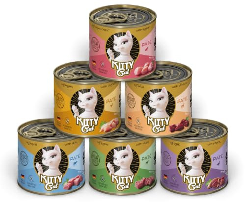 KITTY Cat Paté Mix 1, 6 x 200 g, nourriture humide pour chat dans un paquet d'essai, nourriture pour chat sans céréales avec taurine, huile de saumon et moule aux orles vertes, aliment complet à haute