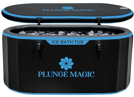 PLUNGE MAGIC Ultimate Cold Plunge Tub Inflatable Ice Bath Tub With Cover for Athletes Portable & XXL Size Black, Water Chiller Compatible (Black-Elongated)