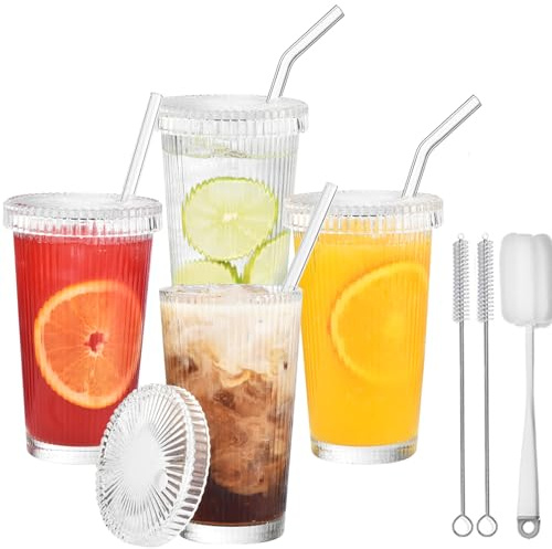 VITEVER Glasbecher mit Deckel und Strohhalm, 4er Pack, 375 ML Eiskaffeegläser, Bubble Tea Tassen, Transparente gestreifte Glas Trinkbecher für Milchshakes, Säfte, Smoothies