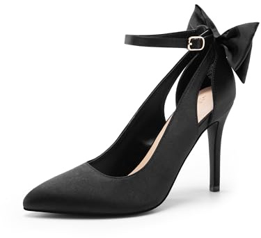 DREAM PAIRS Zapatos de tacón alto stiletto para mujer con tiras, de punta puntiaguda, con lazo, zapatos de vestir sexy para fiestas y bodas, zapatos de salón, Negro satinado., 40 EU
