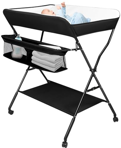 Wickeltisch - höhenverstellbare Wickelkommode für Unterwegs, hochwertige Stoffqualität, Klappwickeltisch mit Rollen und Stauraum, Reisewickelkommode Mit Rollen-86 * 62 * 96 cm-schwarz