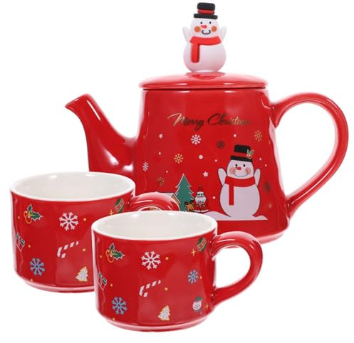 CIYODO Set Teiera e Tazze Natalizie in Ceramica Rossa, Manico Comodo, 1 Teiera e 2 Tazze, Set Da Tè Vintage Per Casa, Ufficio e Picnic, Stoviglie Festive Stampa Pupazzo Di Neve