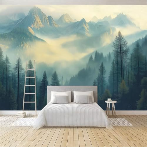 Fotomurales no Tejido Pintura Al Óleo Montañas Bosque 350 x 256 cm Papel Pintado Decoración de Pared moderna, Murales póster efecto 3D, Decorativos Murales para Dormitorio Salón TV Pared