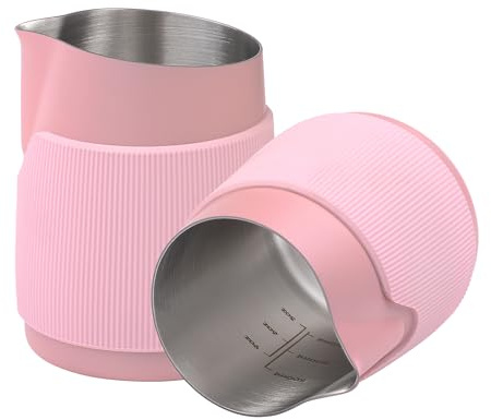 Normcore Handleless Milk Frothing Jug, Milk Pitcher 430.9 g, Milk Frother Steamer Cup Stainless Steel Espresso Cup, Round Spout, Pink, 450ml