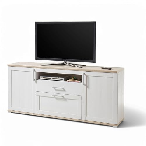 Romance TV-Lowboard in Sibiu Lärche, Eiche San Remo Optik - TV Schrank im Landhausstil mit viel Stauraum für Ihr Wohnzimmer - 190 x 82 x 44 cm (B/H/T) | 190 x 82 x 44 cm (B/H/T), Landhausstil, Wohnzimmer, mit Schublade, offenes Fach und Stauraum hinter Türen und Klappe