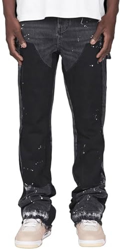 FYCYGG Flared Jeans Uomo, Pantaloni in Denim Streetwear Y2K con Disegno a Spruzzo d'inchiostro, Patchwork e Tasche, Pantaloni per Il Tempo Libero Bootcut Baggy in Stile Cowboy Hip Hop(Grey,S)