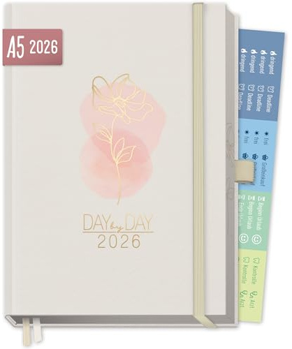 Häfft® Organizer Day by Day Deluxe 2026 A5 Tagesplaner Kalender mit 1 Tag pro Seite Soft Flower Buchkalender 2026, Terminplaner - nachhaltig & klimafreundlich
