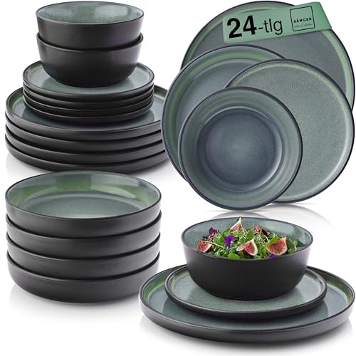 SÄNGER Malmö Tafelservice 24 teilig, Steingut Geschirr Set 6 Personen | 6x Teller Set 6x Frühstücksteller 6x Tiefe Teller 6x Pastaschalen Geschirrset und Schale dunkelgrün