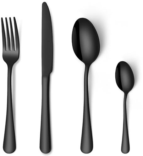 Black Cutlery Set, HONKKU 16 Pieces Stainless Steel Flatware Set for 4 People, Mirror Polished Tableware Silverware Set with Spoon Knife and Fork Set for Home Kitchen, Dishwasher Safe