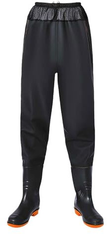 Pantalon de pêche imperméable avec bottes pour homme Pantalon de ferme respirant avec cuissardes de pêche légères Pantalon de pêche taille haute avec élastique Pantalon de pêcheur d'extérieur, gris