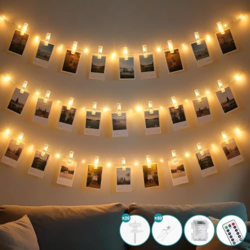 litogo LED Fotoclips Lichterkette für Zimmer Deko, 10M 100LED Lichterkette mit Fernbedienung 8 Modi für Fotos Lichterketten Wand Batteriebetriebene Bilder für Wohnzimmer, Weihnachten, Hochzeiten | Fotos Lichterketten Wand mit 60 Klammern, Batteriebetriebene Bilder für Wohnzimmer, Weihnachten, Hochzeiten