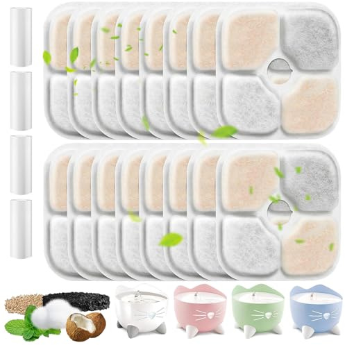 Puasok 16Pcs Filtres Fontaine à Eau pour Chat Compatibles avec Catit Pixi | Filtration Quadruple avec Charbon Actif, Résine et Tissu Non Tissé, 4 Tuyaux Inclus